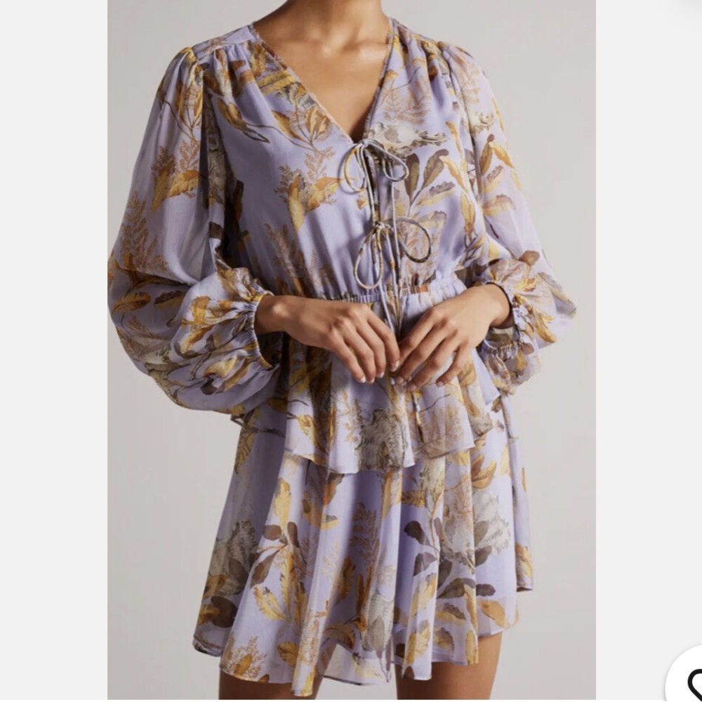 NWT Ted Baker London V neck Floral Tie-Front Lavender Purple Mini Dress